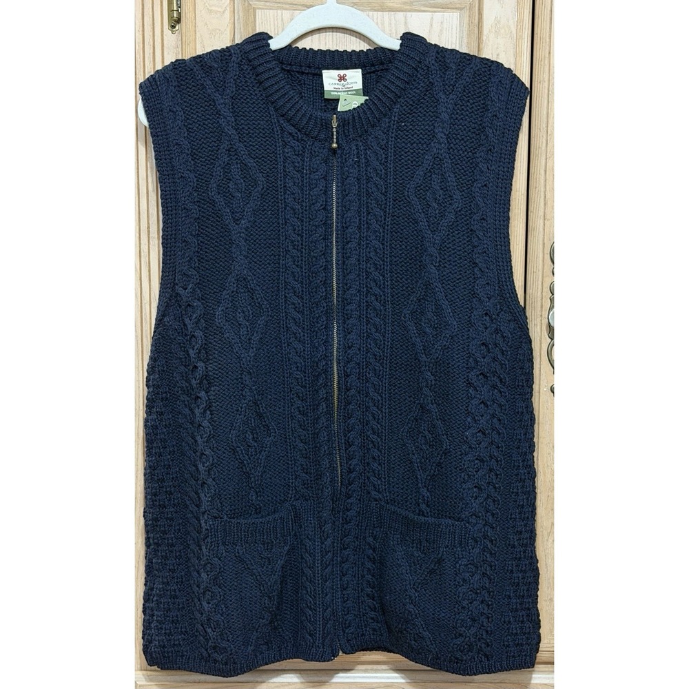 Carraig Donn Womens 100% Merino Wool Aran Knit Sweater Vest Blue XL Made Ireland